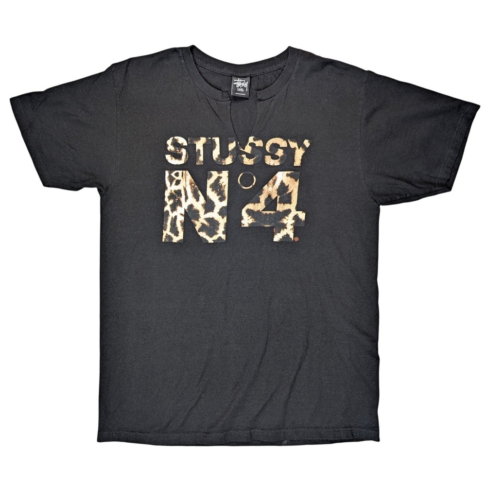 Stussy Women's Oversized Small Black Short Sleeve Tee Shirt Leopard print Logo